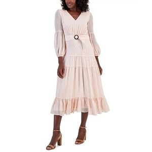 Taylor Maxi Dress Womens 10 Pink Clip Dot Chiffon Tiered Belted Romantic
